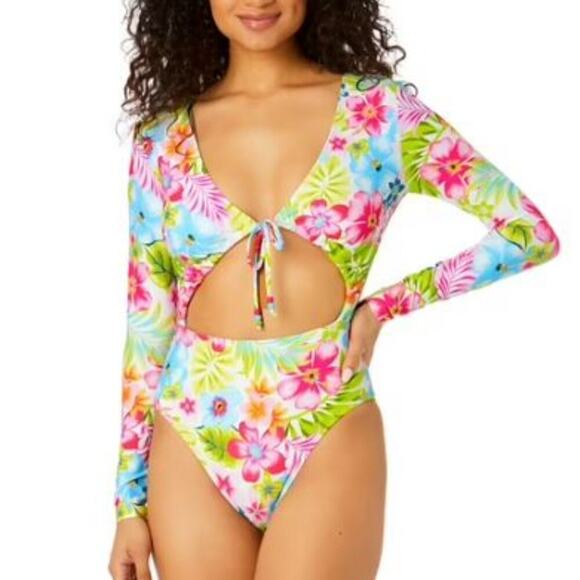 Celebrity Pink Swim Brand Tropical Dream Neon Long Sleeve One-Piece Rashguard - Picture 1 of 7